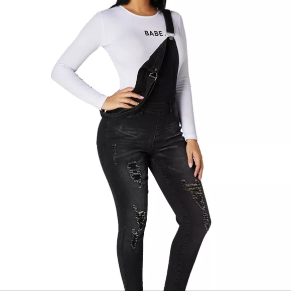New Black denim distressed jumpsuit overalls size Small - Picture 5 of 7